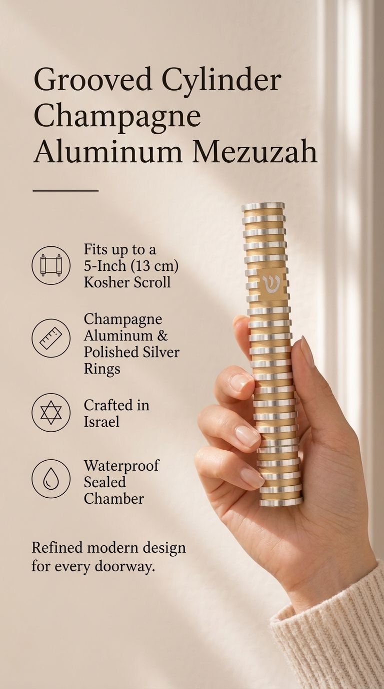 Grooved Cylinder champagne mezuzah specification image highlighting the 5.5-inch aluminum body, 5-inch kosher scroll fit, screw-cap closure, and Israeli origin