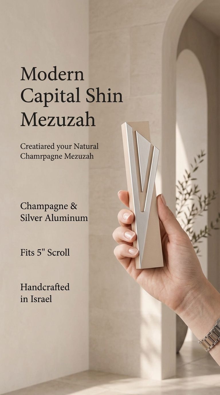 Capital Shin champagne mezuzah specification image highlighting the 5.5-inch body, 5-inch kosher scroll fit, Israeli origin, and bottom opening