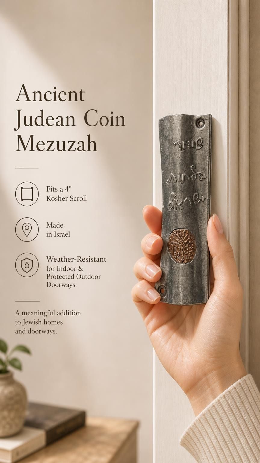 Female hand holding the exact vintage Judean coin mezuzah, demonstrating size and craftsmanship for a premium product feature display.