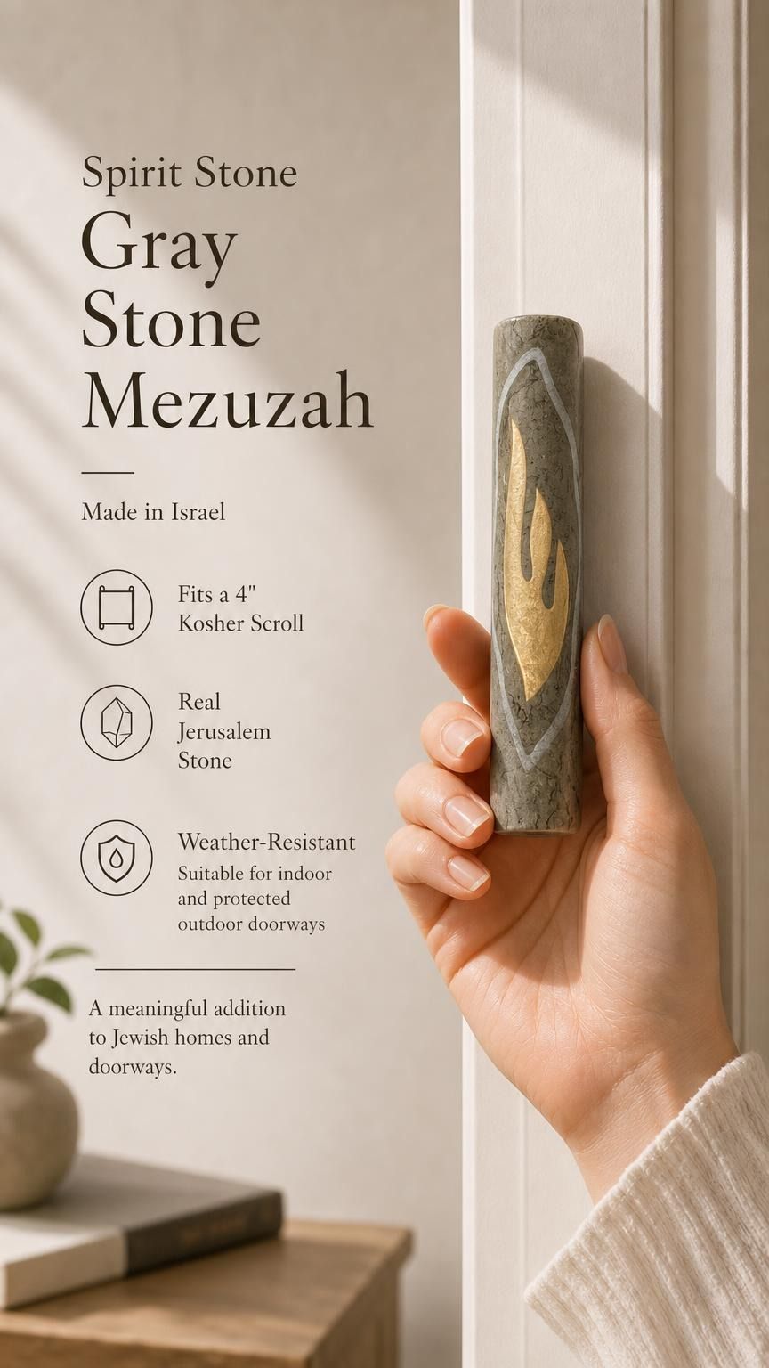 A woman holding the gray Jerusalem stone mezuzah at a realistic scale, showcasing its texture and Hebrew Shin, with warm natural lighting.