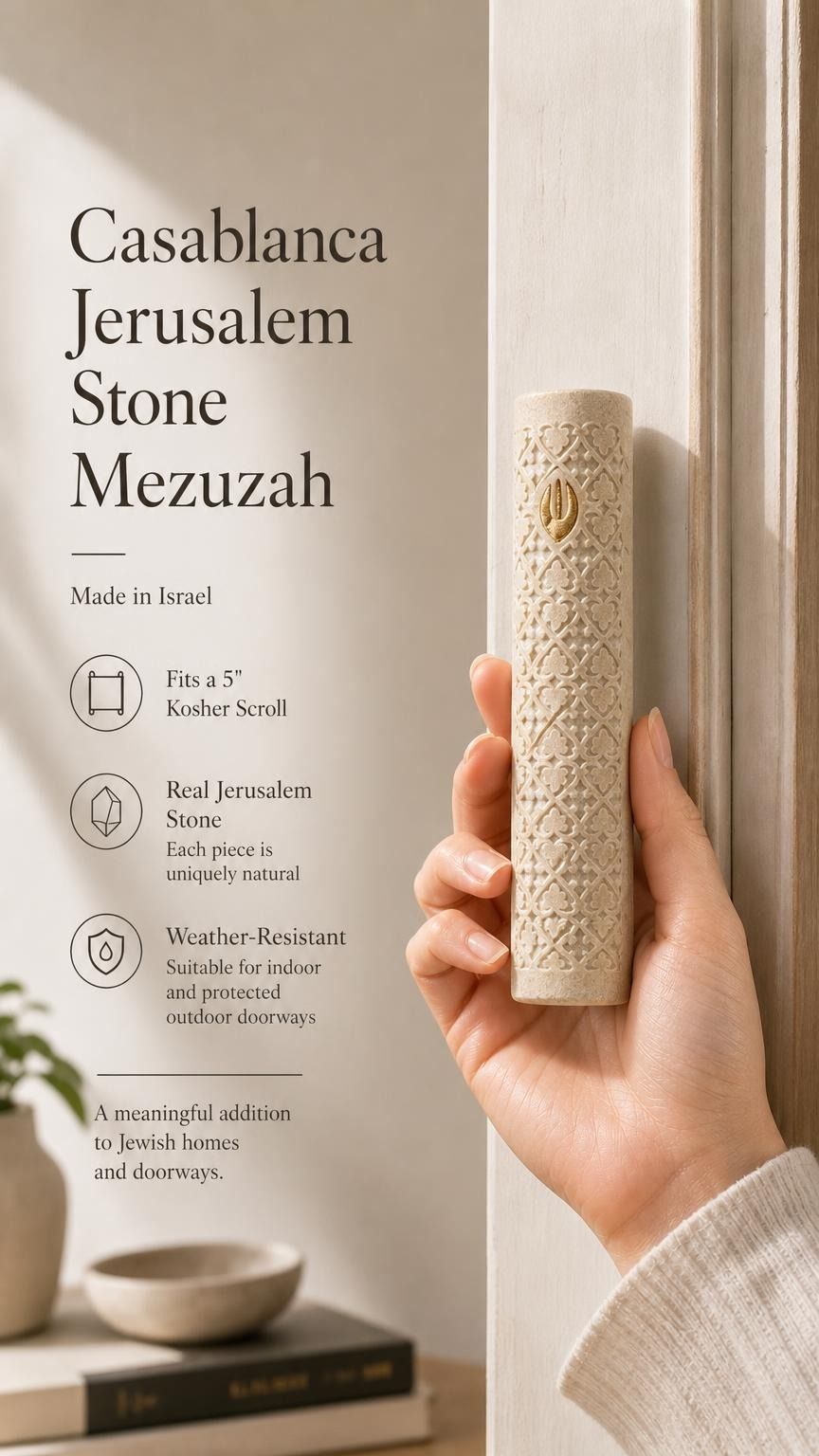 Female hand holding the Jerusalem stone mezuzah, highlighting its texture and gold details, in a warm natural light setting for store showcase.