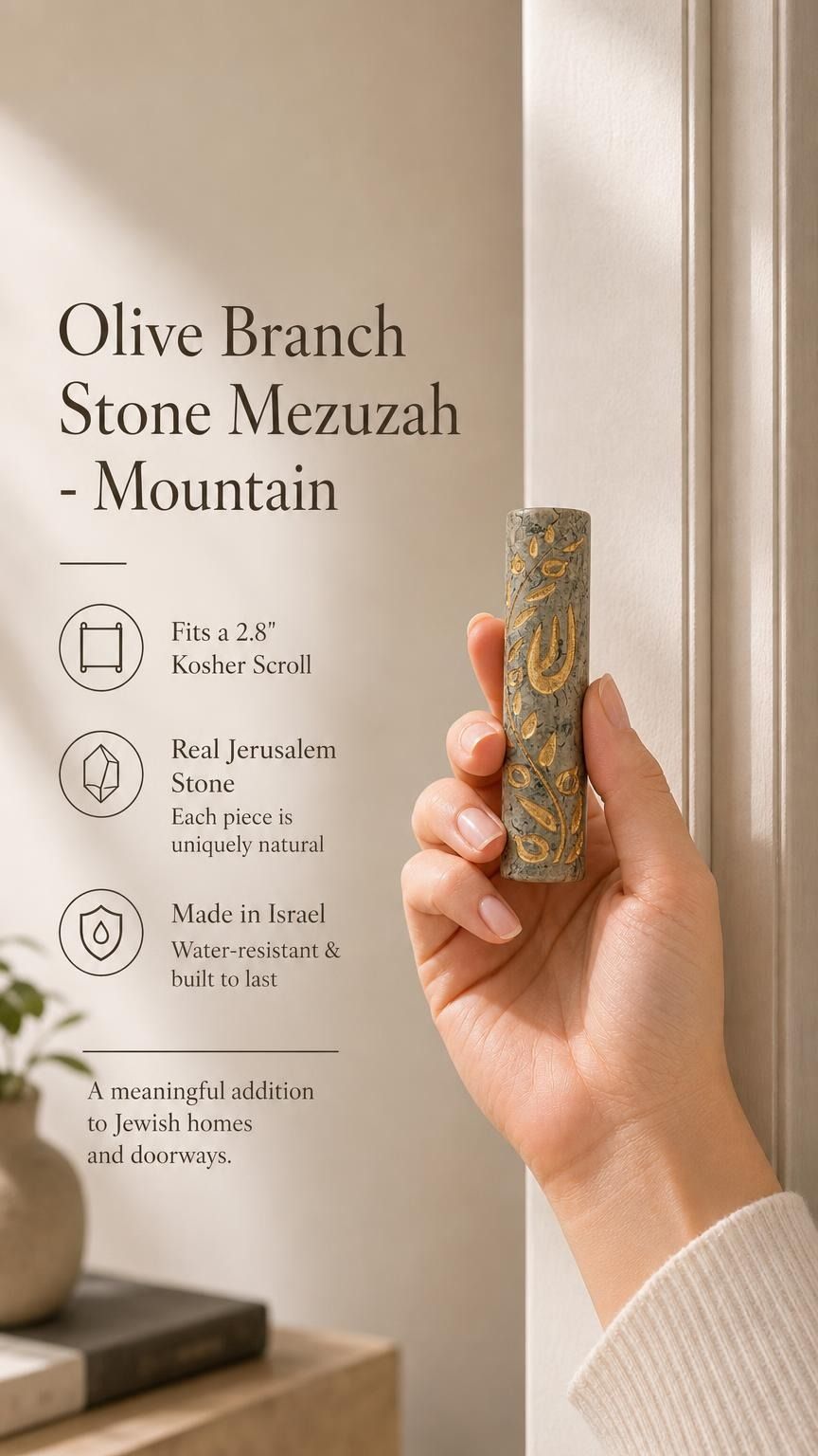 Female hand holding the real Jerusalem stone Mezuzah at realistic scale, showcasing its texture and material for store display.