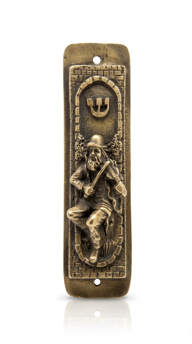 Brass finish Fiddler on the Roof Mezuzah with detailed engravings, Hebrew letters, and decorative motifs, shown on a white studio surface with subtle reflection.