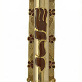 Detailed Fields of Gold Mezuzah made of pewter with hand-painted enamel, measuring 5.25 inches tall, with Hebrew inscriptions and decorative motifs.