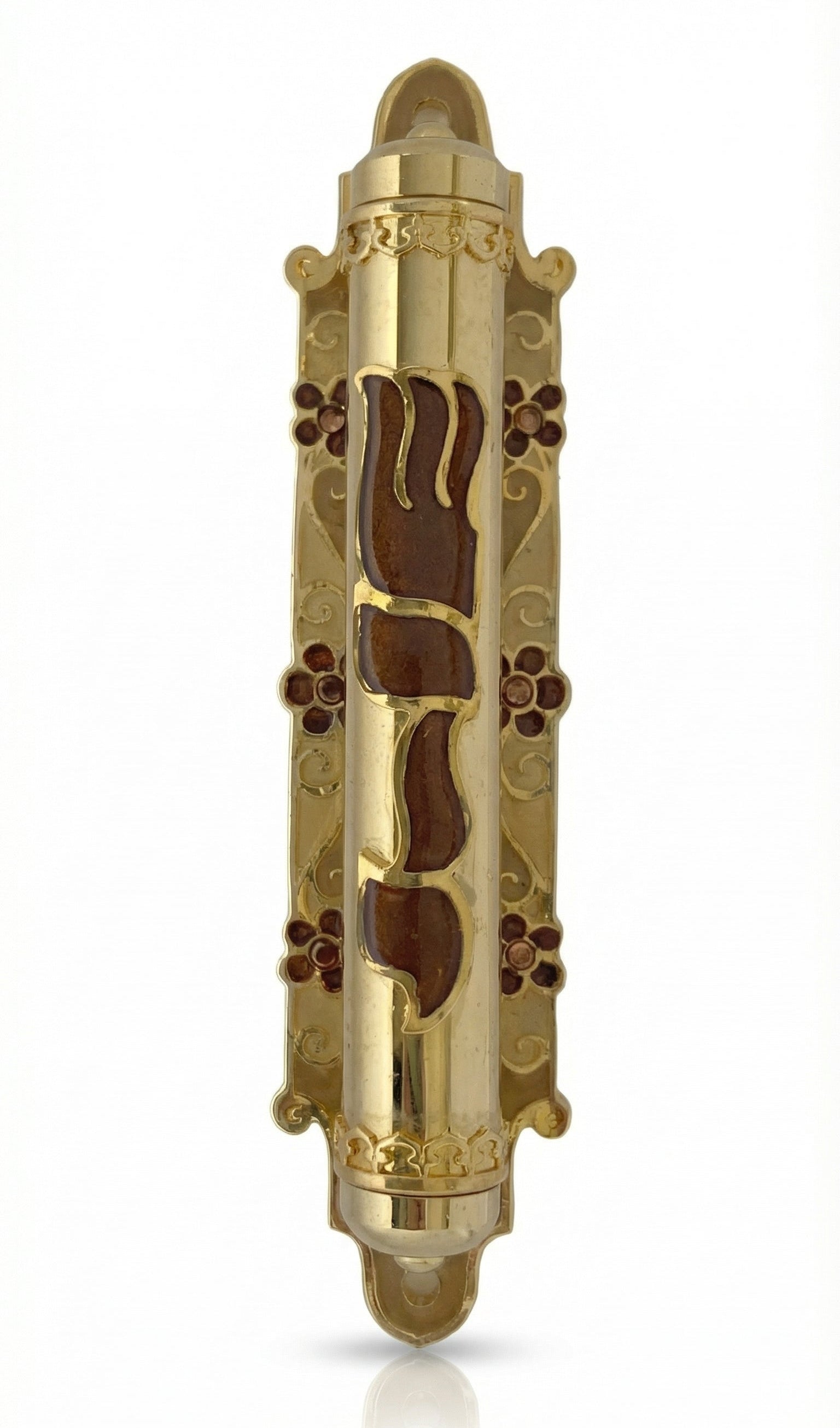 Detailed Fields of Gold Mezuzah made of pewter with hand-painted enamel, measuring 5.25 inches tall, with Hebrew inscriptions and decorative motifs.