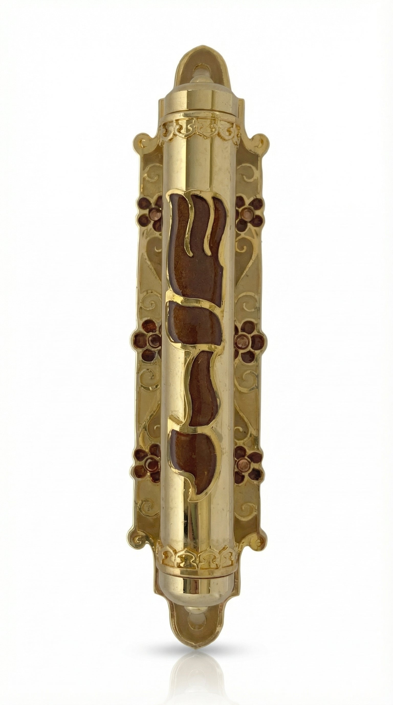 Detailed Fields of Gold Mezuzah made of pewter with hand-painted enamel, measuring 5.25 inches tall, with Hebrew inscriptions and decorative motifs.