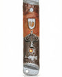 Passionate pewter mezuzah with enamel featuring a menorah and Hebrew letter Shin, displayed on a white studio background with soft reflection.