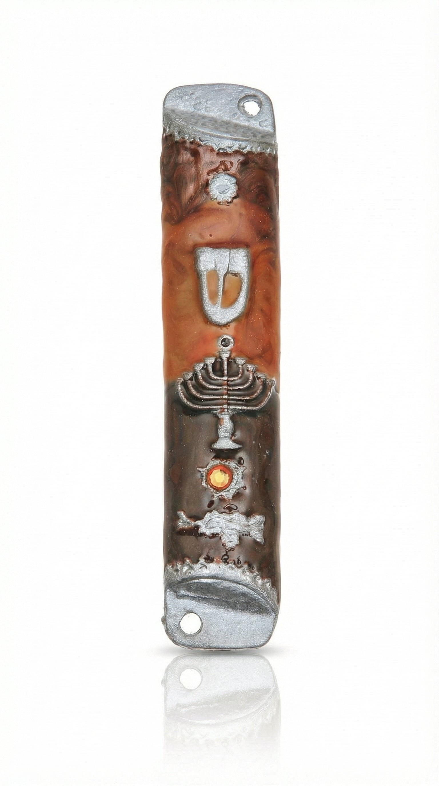 Passionate pewter mezuzah with enamel featuring a menorah and Hebrew letter Shin, displayed on a white studio background with soft reflection.