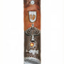 Passionate pewter mezuzah with enamel featuring a menorah and Hebrew letter Shin, displayed on a white studio background with soft reflection.