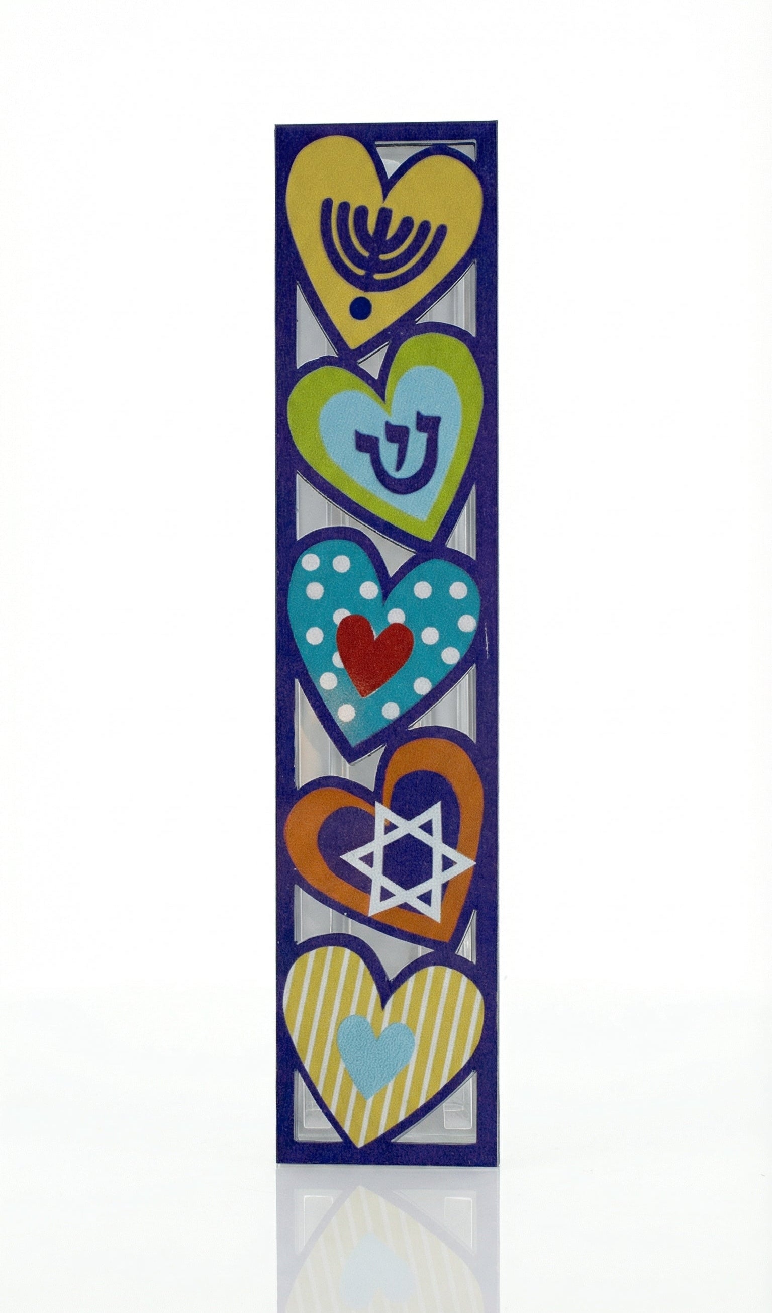 Elegant Five Hearts Mezuzah made of aluminum, showcasing detailed Hebrew inscriptions and decorative motifs, on a white studio background with a subtle reflection.