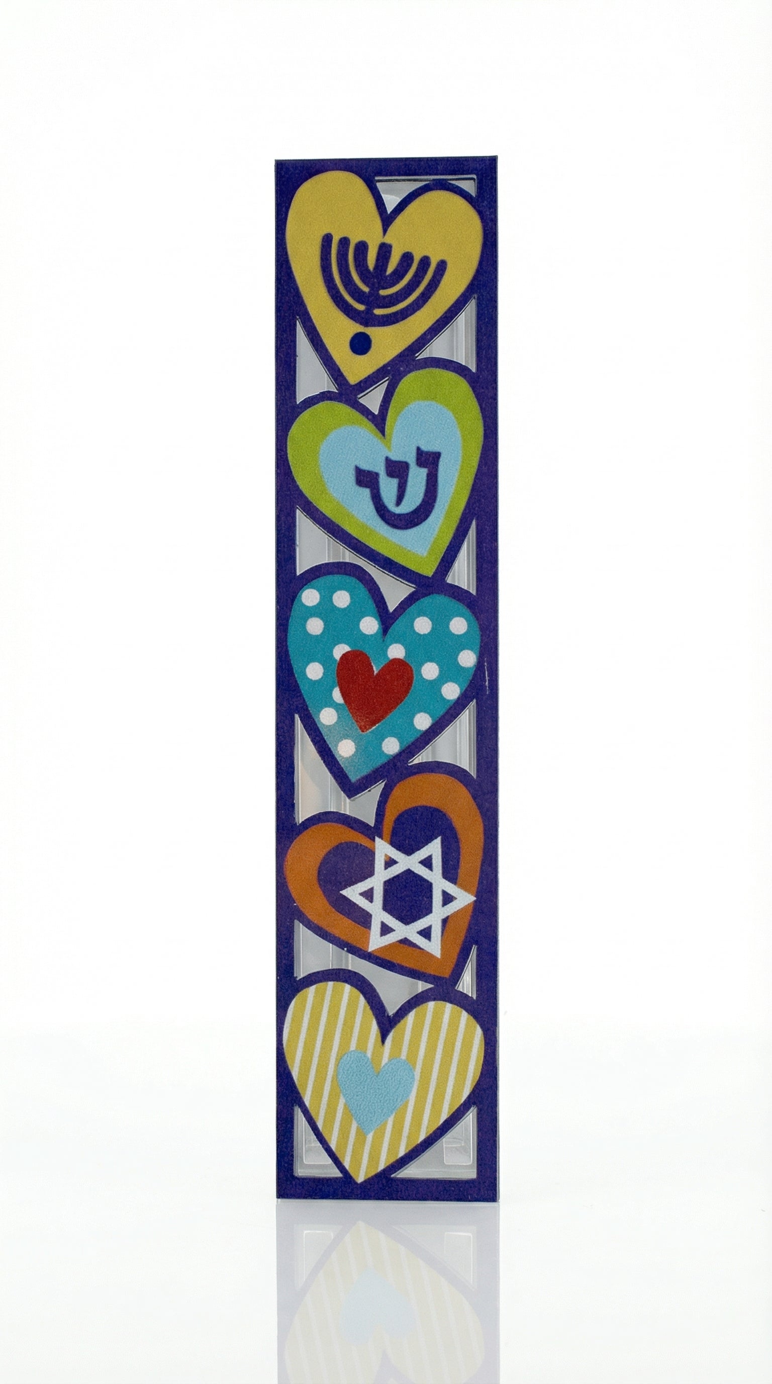 Elegant Five Hearts Mezuzah made of aluminum, showcasing detailed Hebrew inscriptions and decorative motifs, on a white studio background with a subtle reflection.