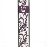 floral pewter and wood mezuzah with Shin detail, cream and purple tones