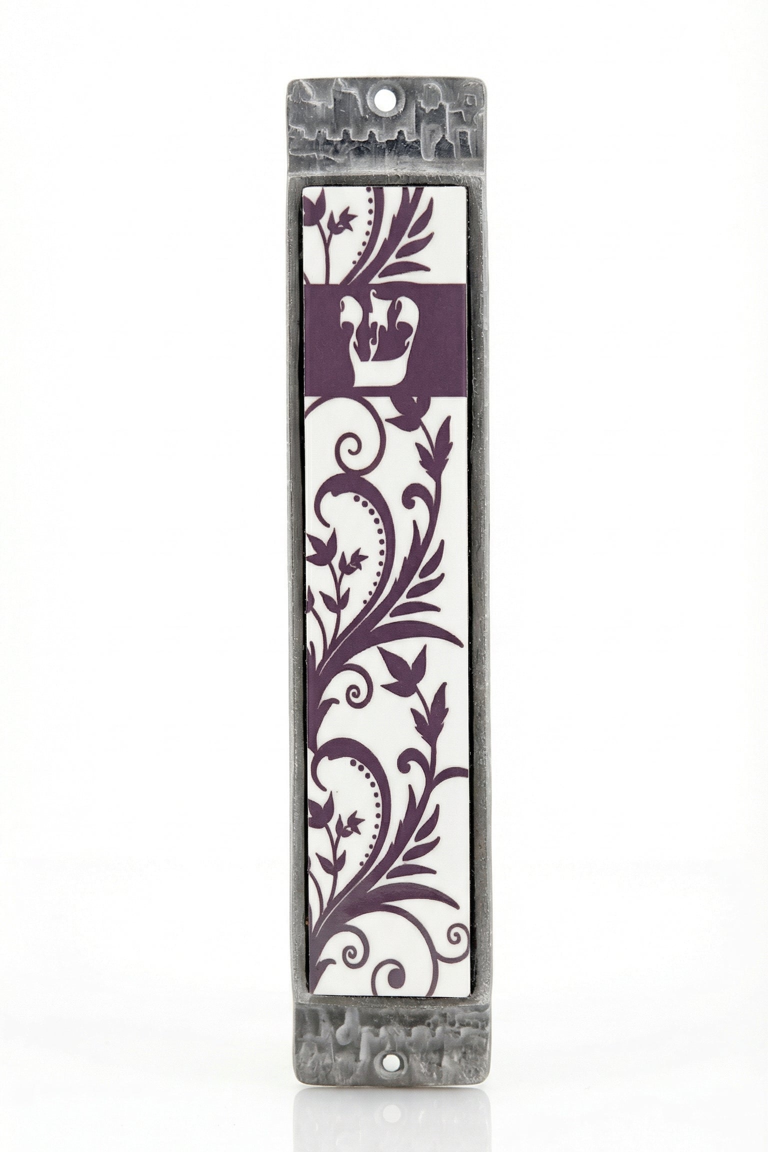 Floral Pewter and Wood Terra Mezuzah with purple vine pattern and Hebrew letter Shin.