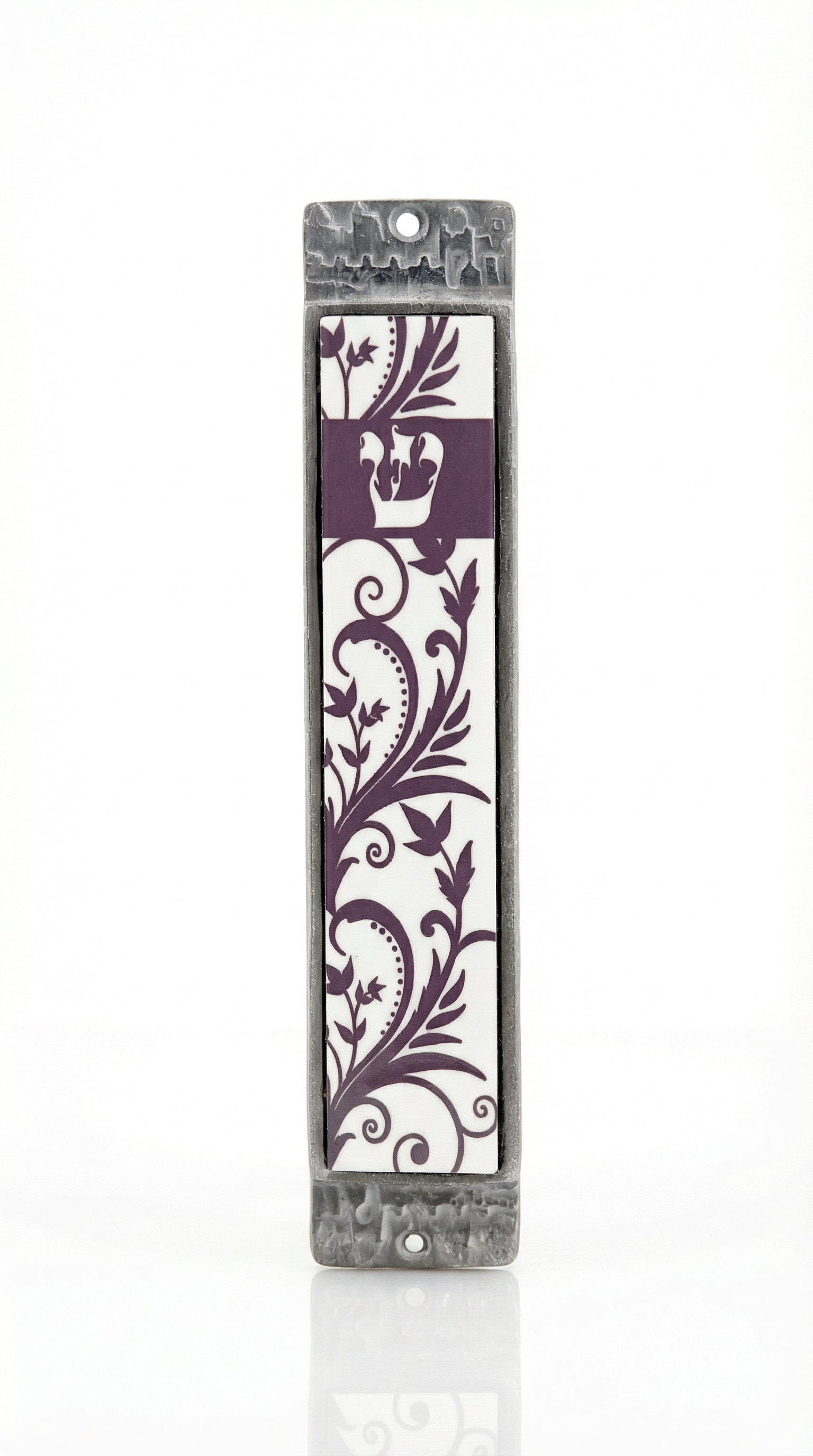 Floral Pewter and Wood Terra Mezuzah with purple vine pattern and Hebrew letter Shin.