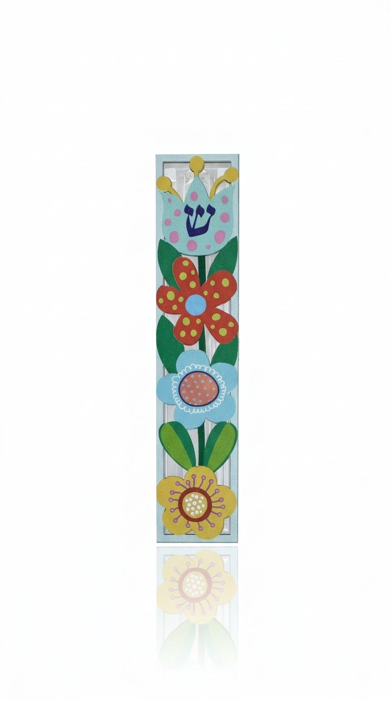 Elevated image of an aluminum Flowers Mezuzah with Hebrew engravings, set against a pure white background with a soft reflection.