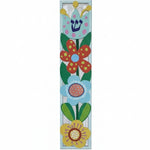 Elevated image of an aluminum Flowers Mezuzah with Hebrew engravings, set against a pure white background with a soft reflection.