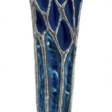 Hand-painted blue lacquer forest scene on pewter mezuzah with Hebrew inscription, designed by Emanuel, showcased on a white studio background with subtle reflection.