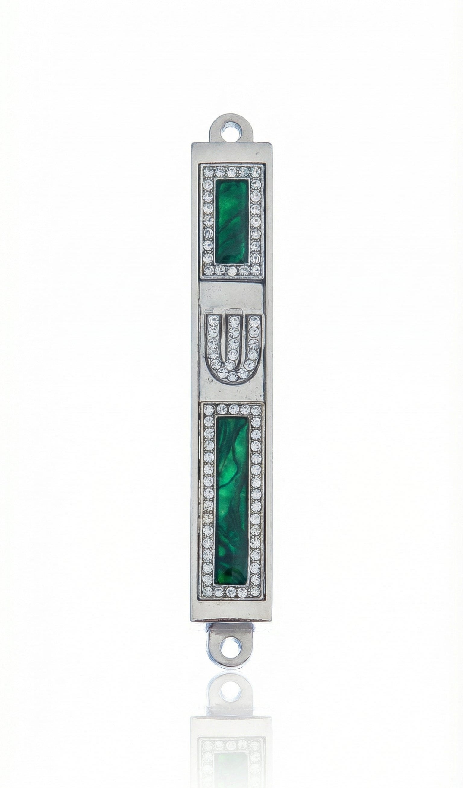 Petite Forest Treasure Mezuzah with green accents on a metal base, designed for doorposts, featuring Hebrew inscriptions and detailed motifs.
