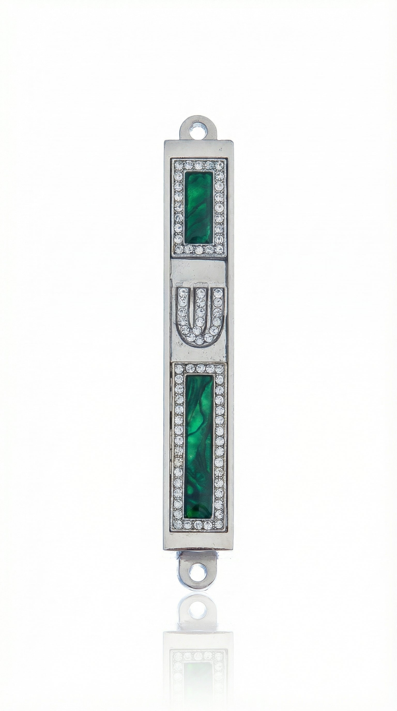 Petite Forest Treasure Mezuzah with green accents on a metal base, designed for doorposts, featuring Hebrew inscriptions and detailed motifs.