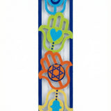 Aluminum Four Hamsa Mezuzah with detailed Hebrew engravings, designed for home doorways, featuring intricate motifs and a polished finish.