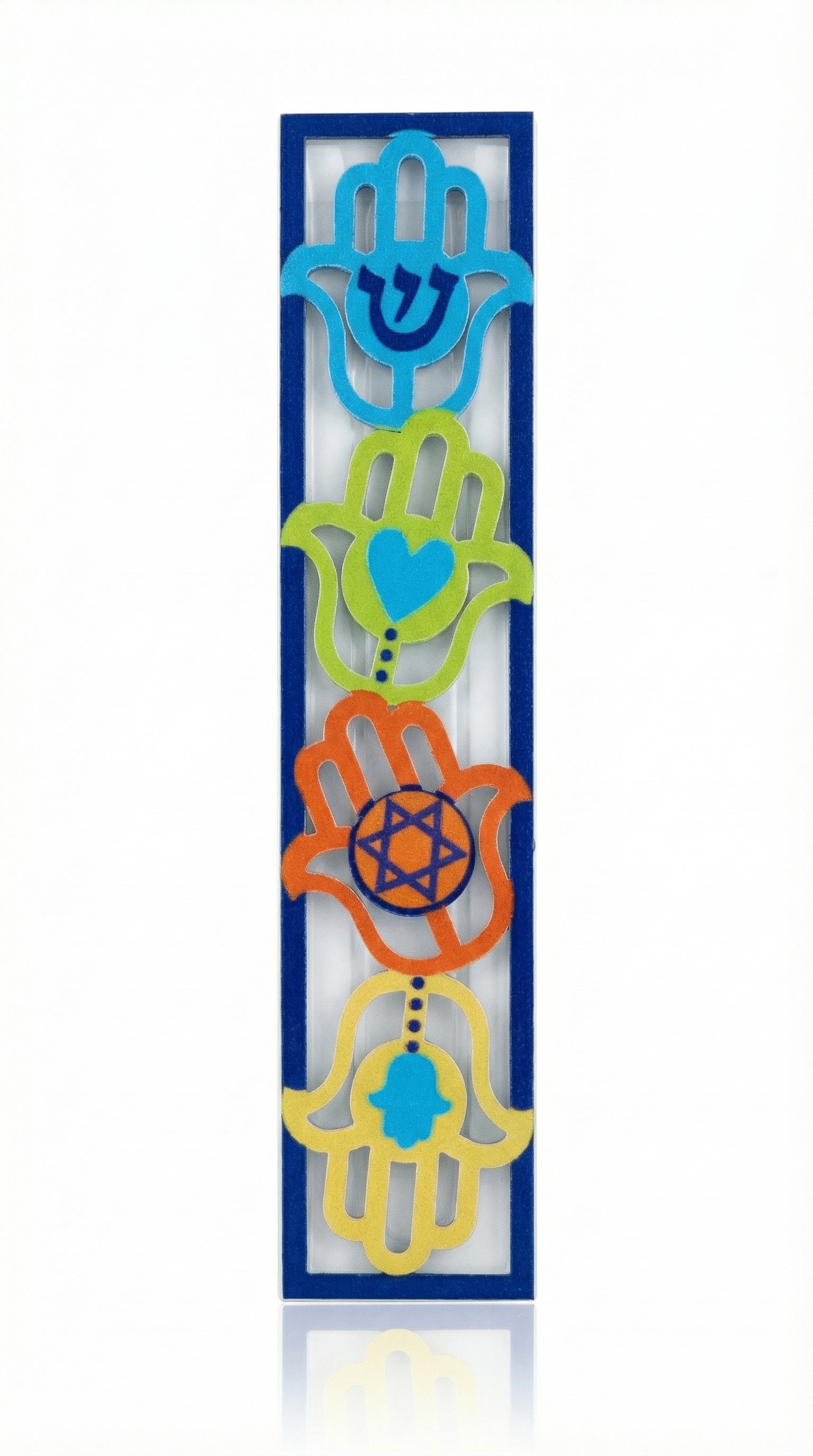 Aluminum Four Hamsa Mezuzah with detailed Hebrew engravings, designed for home doorways, featuring intricate motifs and a polished finish.