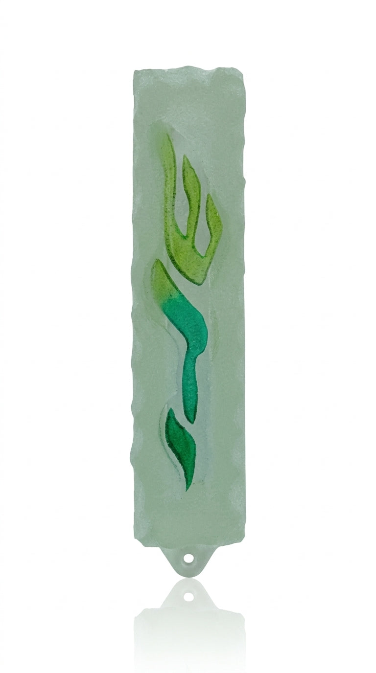 Frosted glass green mezuzah with detailed Hebrew inscriptions, designed for doorways, displayed on a white studio background with subtle reflection.