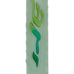 Frosted glass green mezuzah with detailed Hebrew inscriptions, designed for doorways, displayed on a white studio background with subtle reflection.
