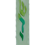 Frosted glass green mezuzah with detailed Hebrew inscriptions, designed for doorways, displayed on a white studio background with subtle reflection.