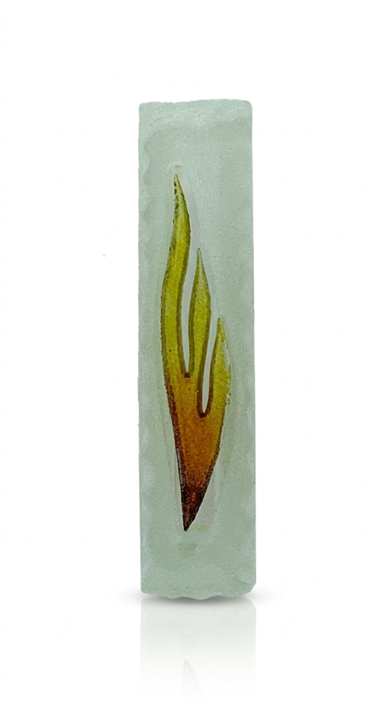 Frosted glass Mezuzah with Shin symbol, detailed and faithfully rendered with engraved Hebrew letters and decorative motifs, on a white studio background with subtle reflection.