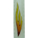 Frosted glass Mezuzah with Shin symbol, detailed and faithfully rendered with engraved Hebrew letters and decorative motifs, on a white studio background with subtle reflection.