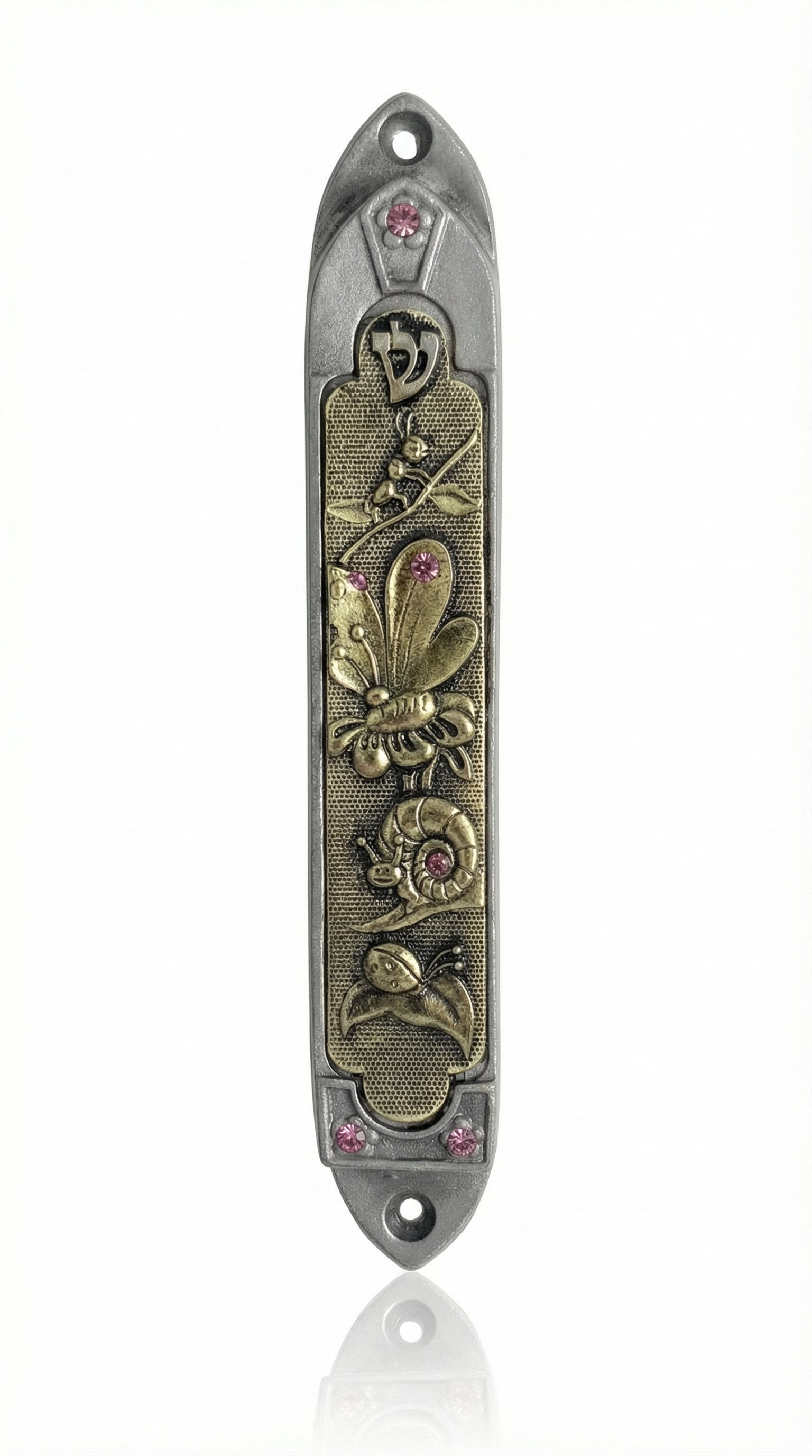 Elegant Garden Mezuzah crafted in Israel from pewter and brass with intricate Hebrew engravings, designed for outdoor doorposts and home blessings.