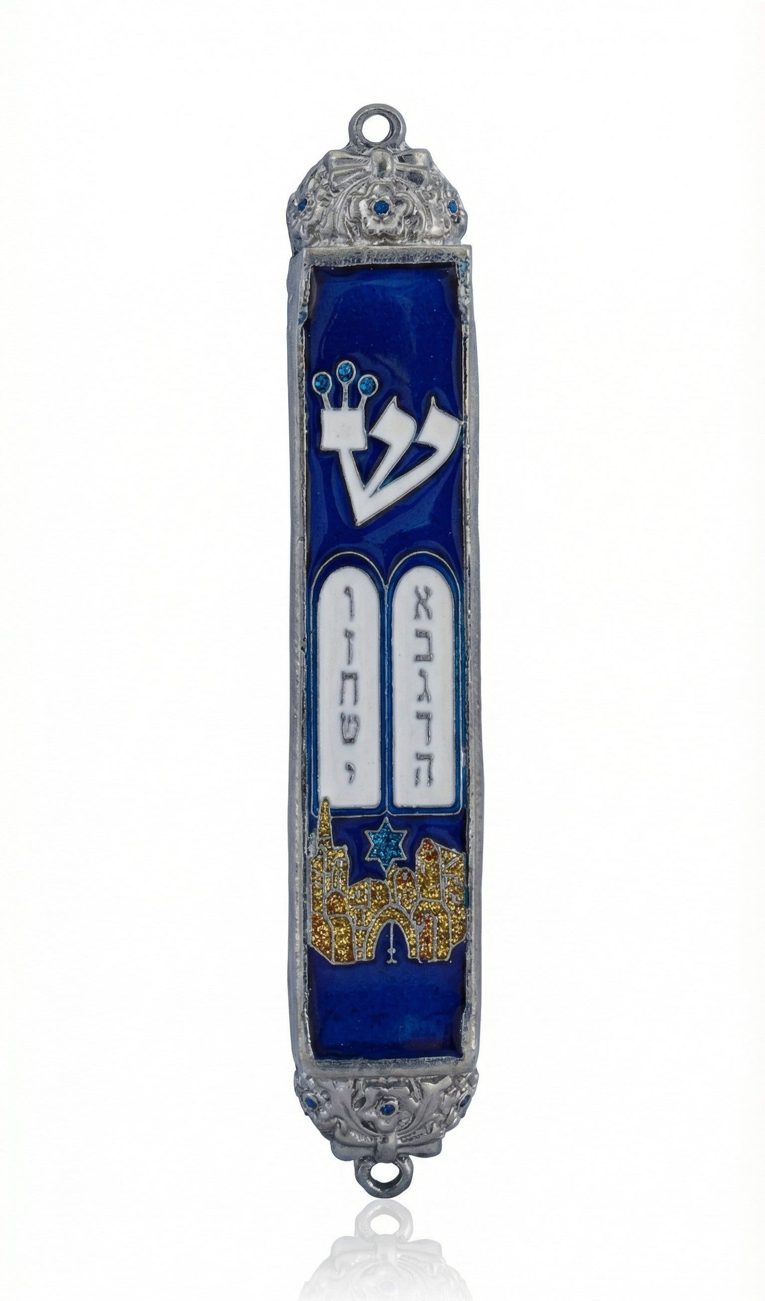 Gold enamel Jerusalem gates scene on pewter mezuzah with blue backdrop and Ten Commandments, detailed and faithful to original design.