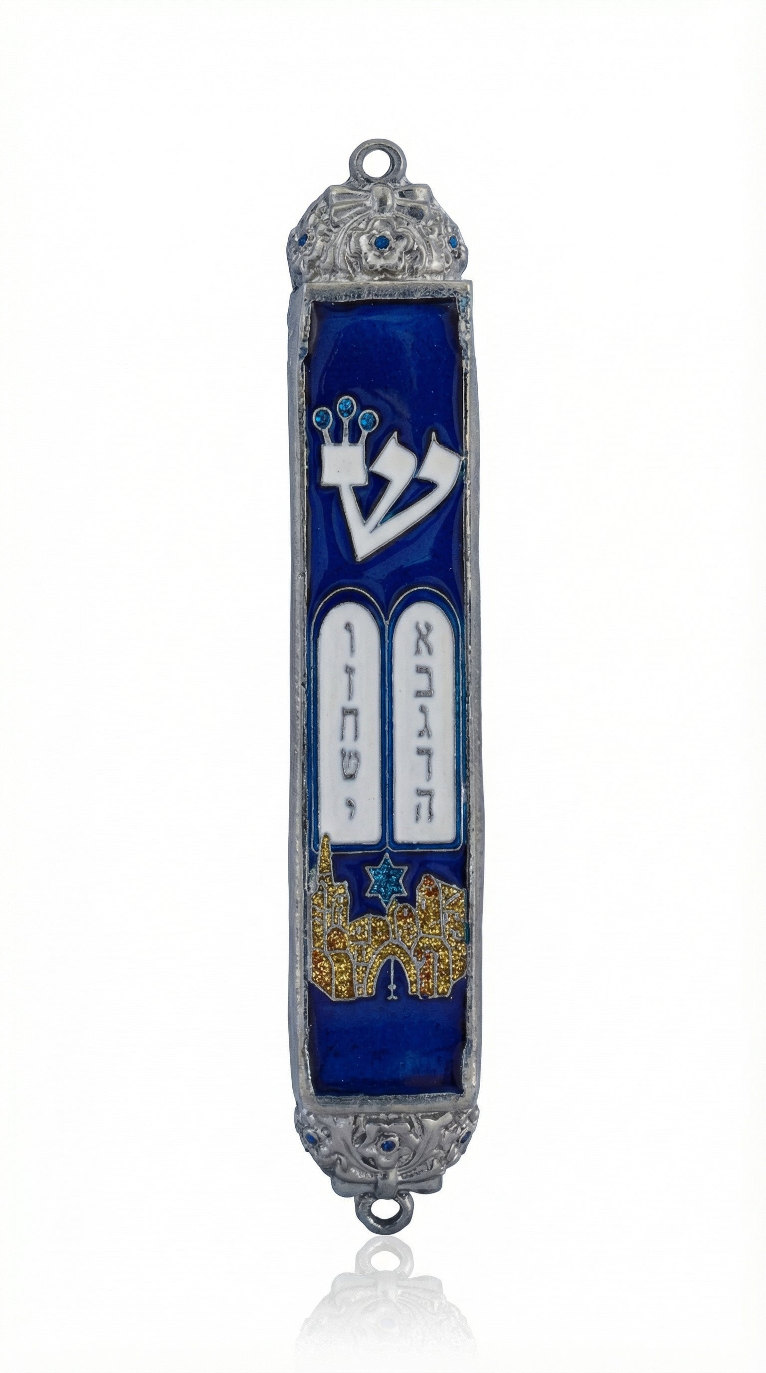 Gold enamel Jerusalem gates scene on pewter mezuzah with blue backdrop and Ten Commandments, detailed and faithful to original design.