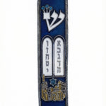 Elegant peyter mezuzah with Jerusalem gates in gold enamel and a blue backdrop for the Ten Commandments, designed to bless your home.