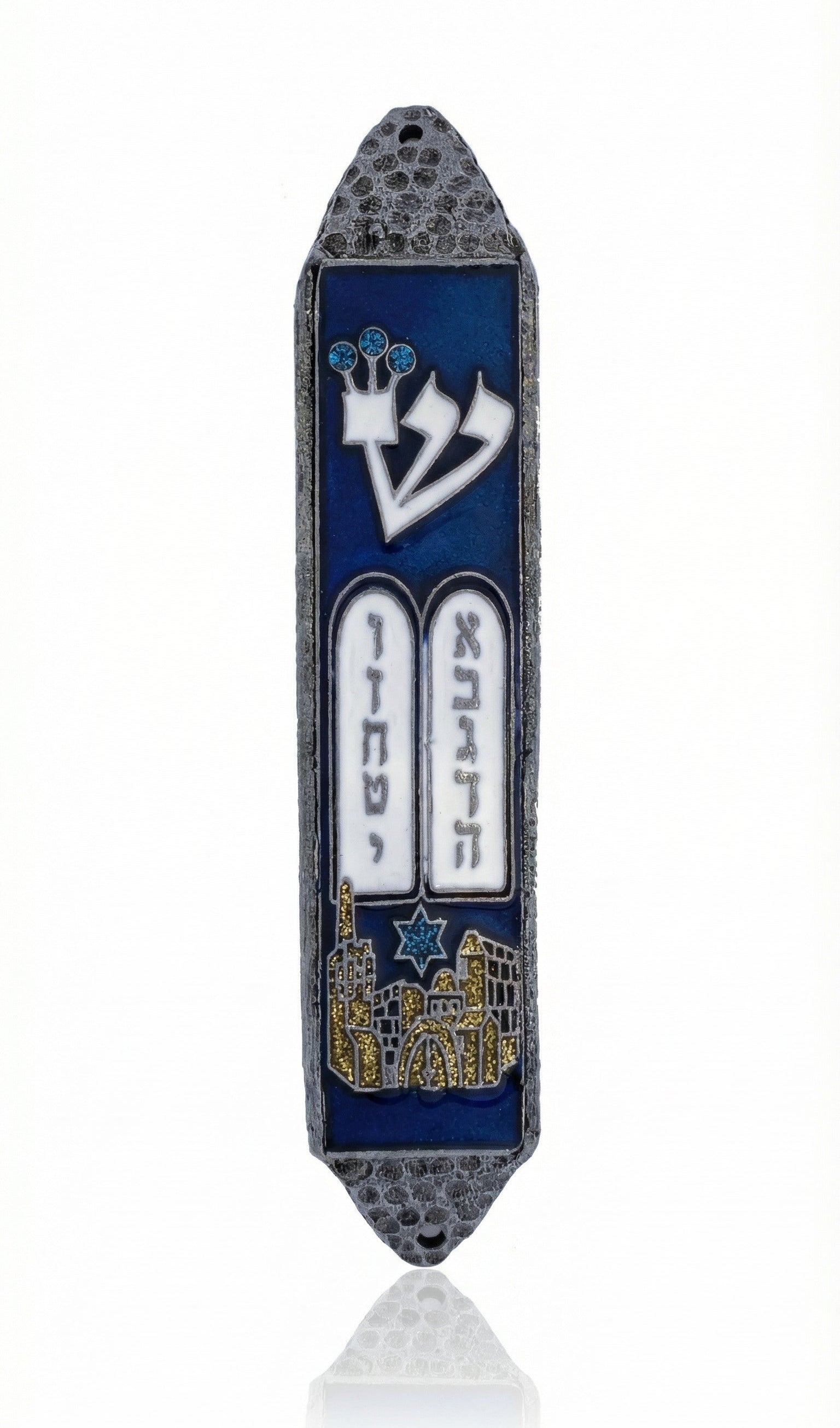 Elegant peyter mezuzah with Jerusalem gates in gold enamel and a blue backdrop for the Ten Commandments, designed to bless your home.