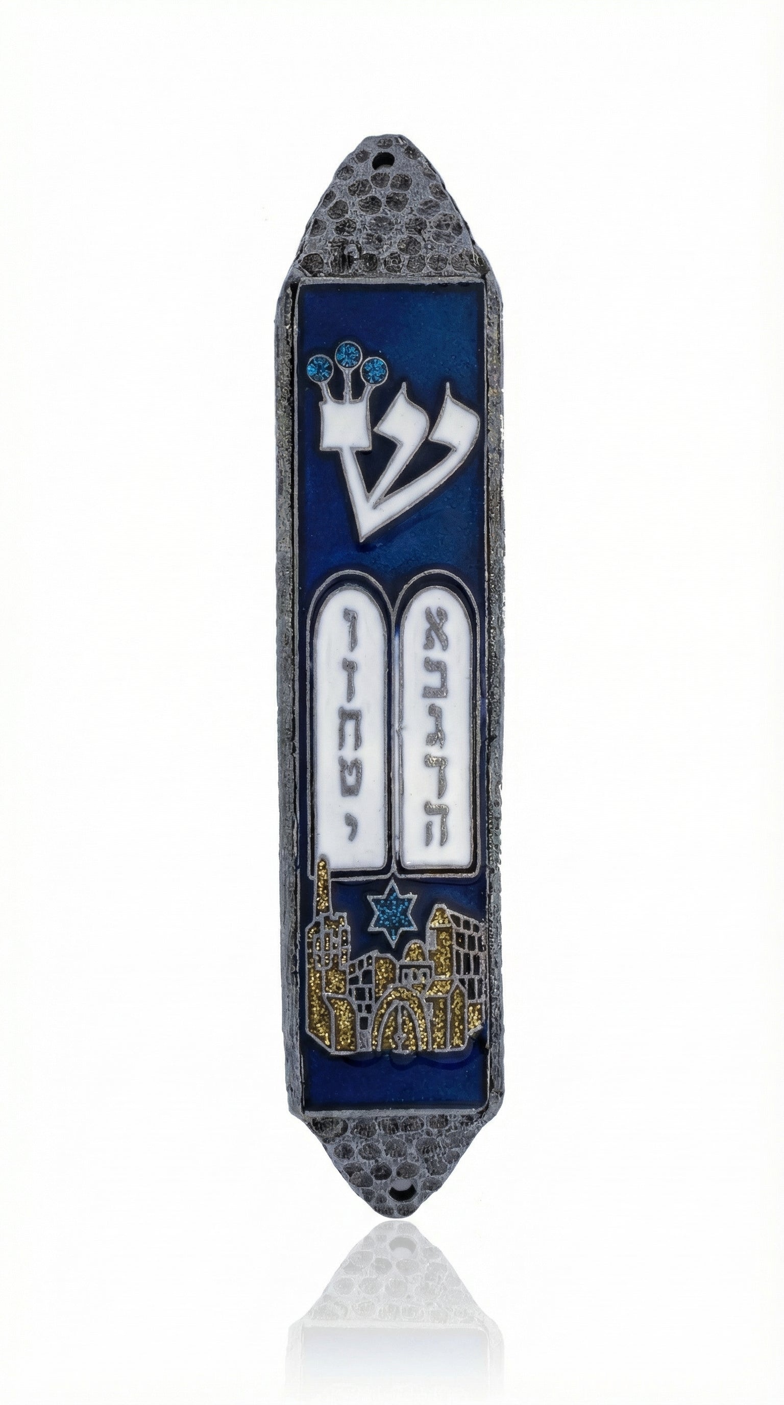 Elegant peyter mezuzah with Jerusalem gates in gold enamel and a blue backdrop for the Ten Commandments, designed to bless your home.