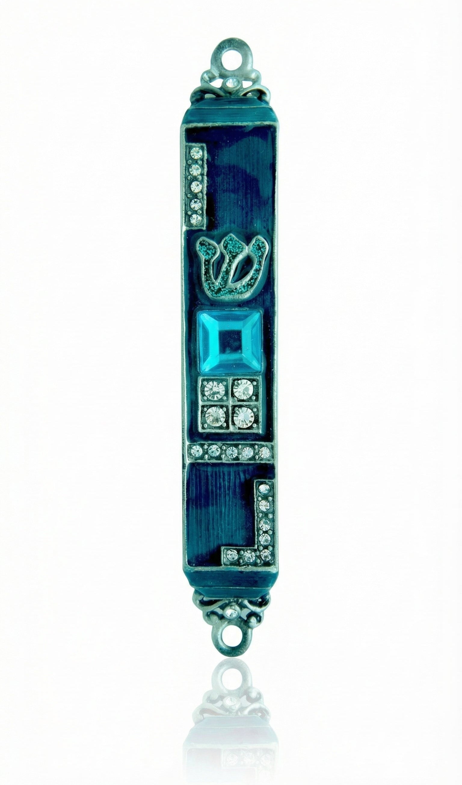 Ornate pewter Gems Mezuzah with blue enamel and decorative stones on a white background with soft reflection.