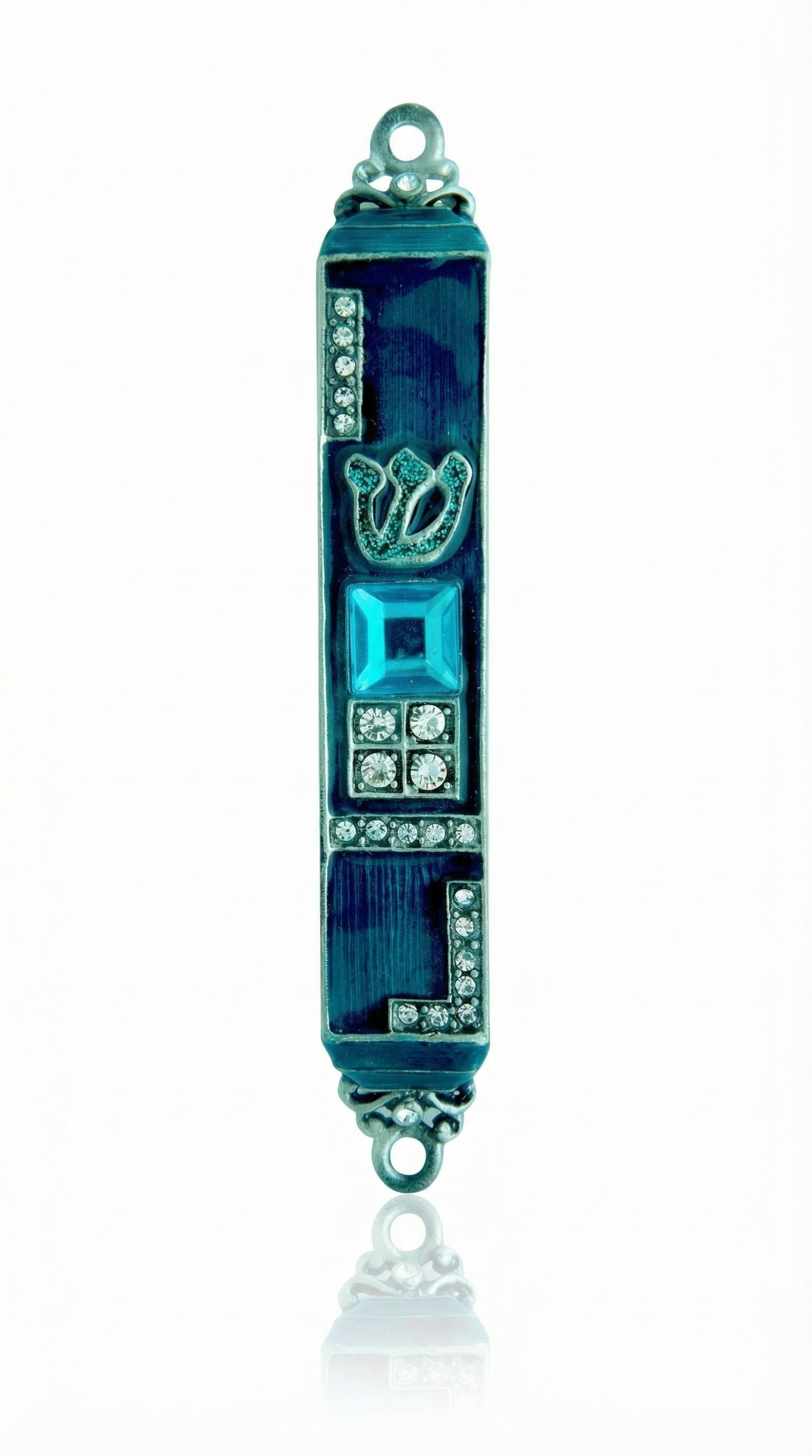 Ornate pewter Gems Mezuzah with blue enamel and decorative stones on a white background with soft reflection.