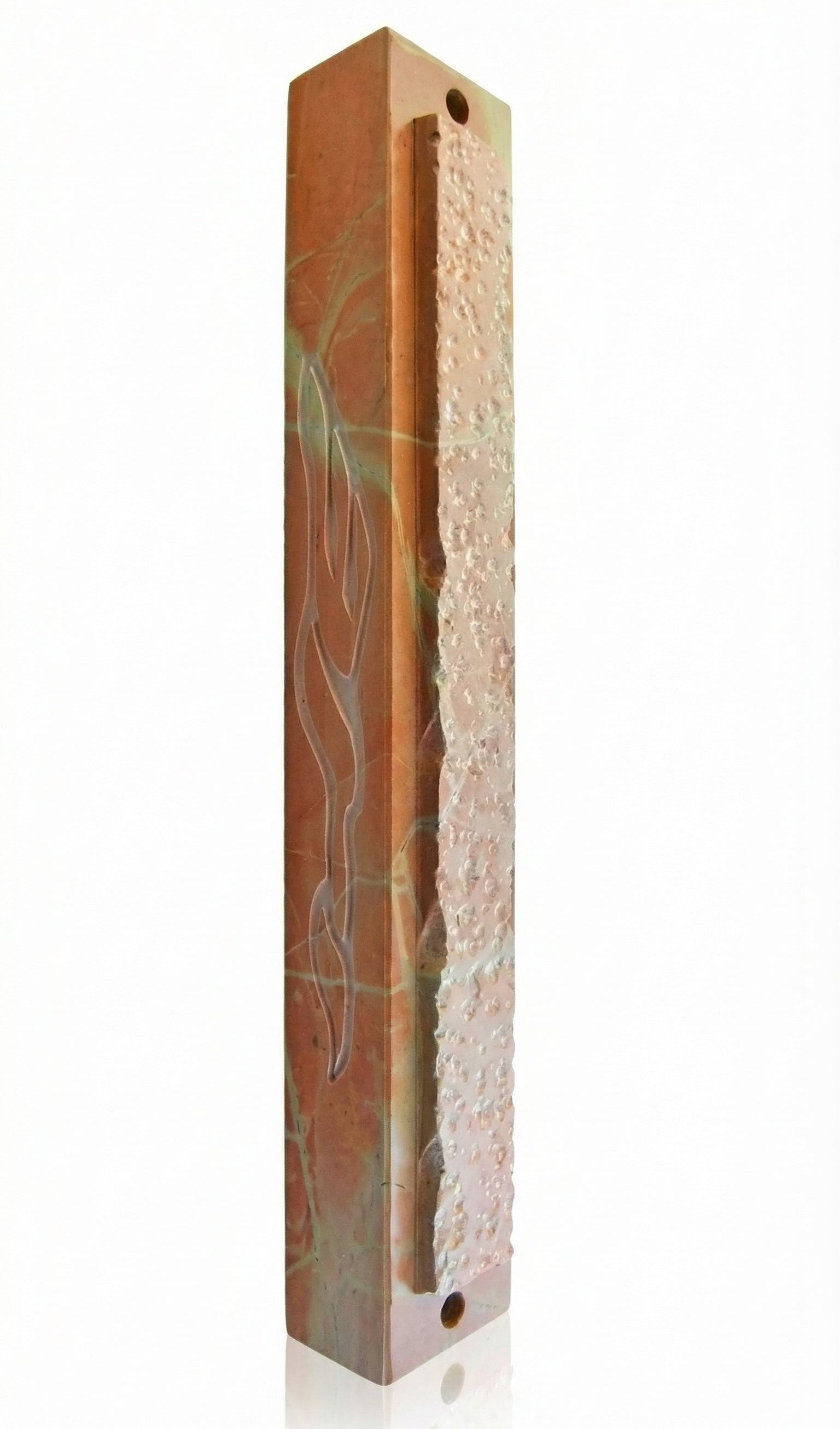 Large Jerusalem stone mezuzah with polished edges and engraved name of God Sha-dai, handcrafted in Israel, showcasing natural stone variations.