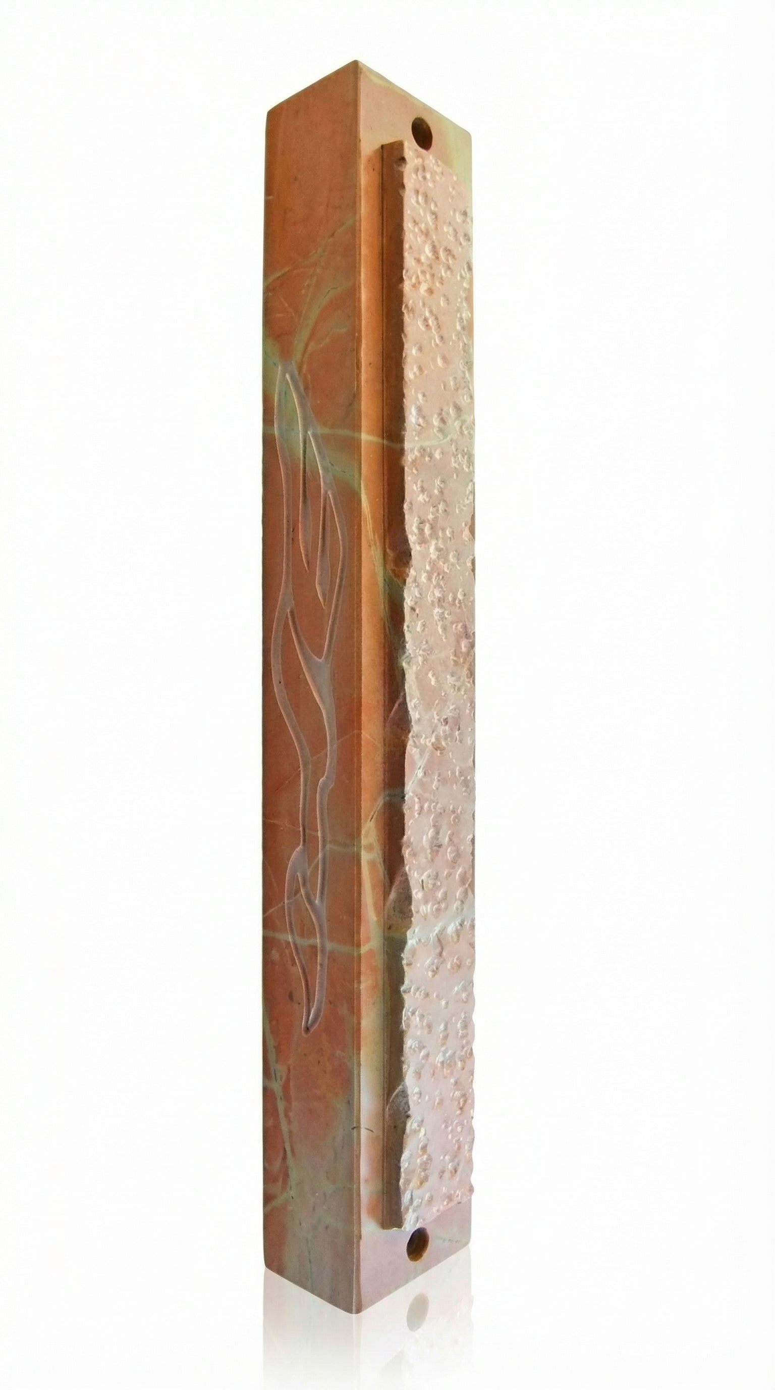 Large Jerusalem stone mezuzah with polished edges and engraved name of God Sha-dai, handcrafted in Israel, showcasing natural stone variations.