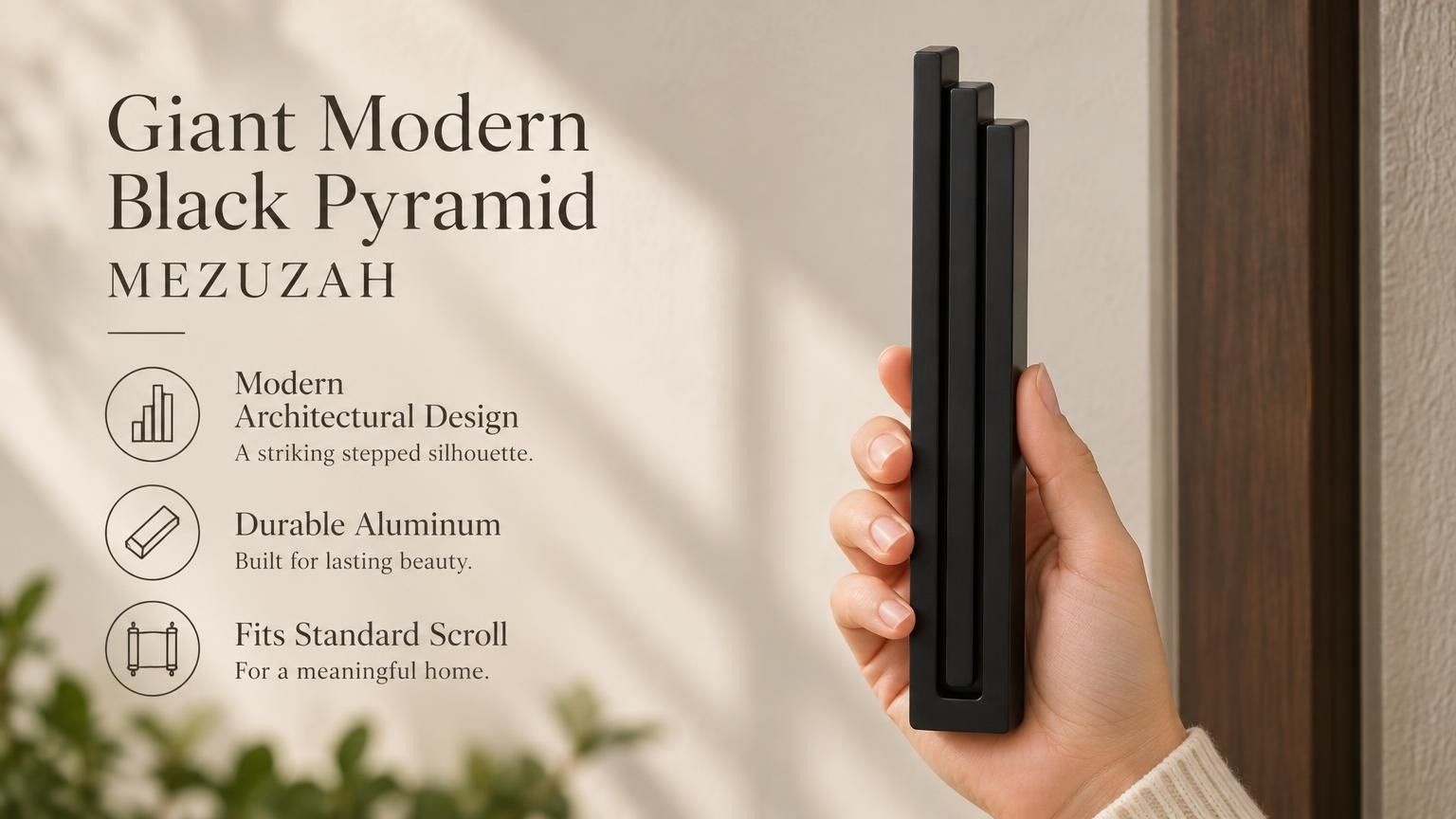 Giant Modern Black Pyramid Mezuzah pictured in hand as a deep matte black aluminum mezuzah cover with three graduated bars and a architectural stepped design, alongside its name and illustrated product features in a wide social-sharing image