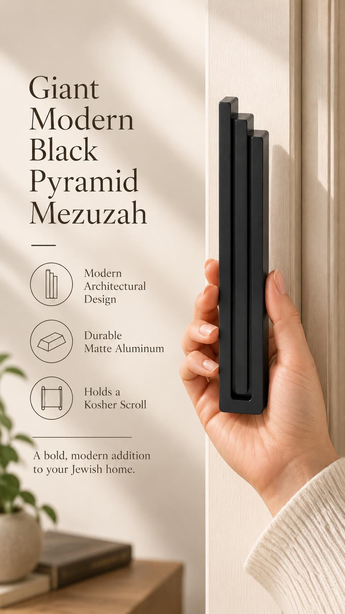 A hand presents the Giant Modern Black Pyramid Mezuzah with its deep matte black aluminum mezuzah cover facing forward, highlighting the clean graduated bars and geometric vertical profile beside design illustrations for a architectural Jewish doorway accent