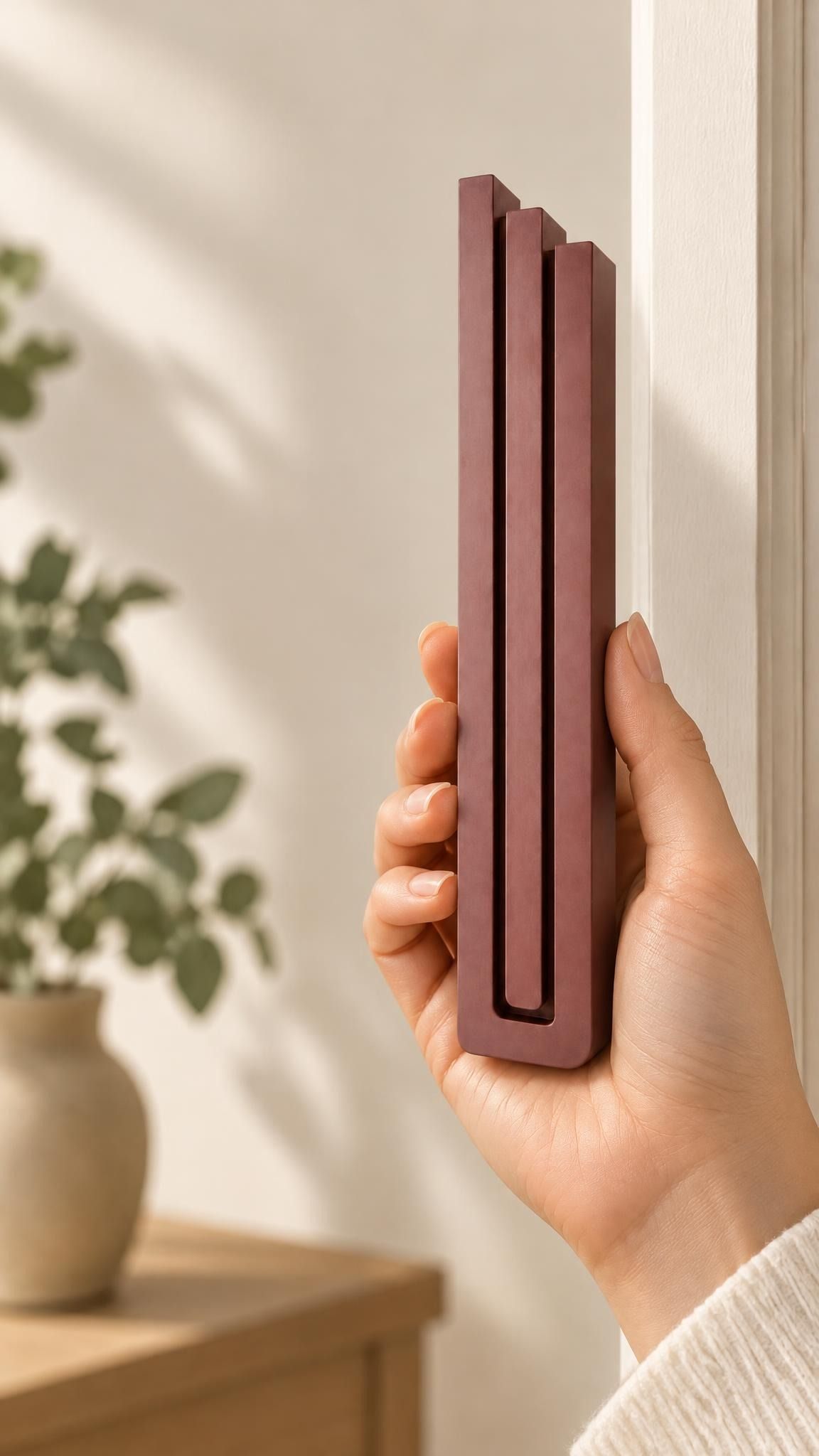 A hand displays the Giant Modern Burgundy Pyramid Mezuzah beside a doorway, showing the rich burgundy finish of this aluminum mezuzah cover, its long graduated bars and rounded lower edge in a architectural expression of Jewish home Judaica