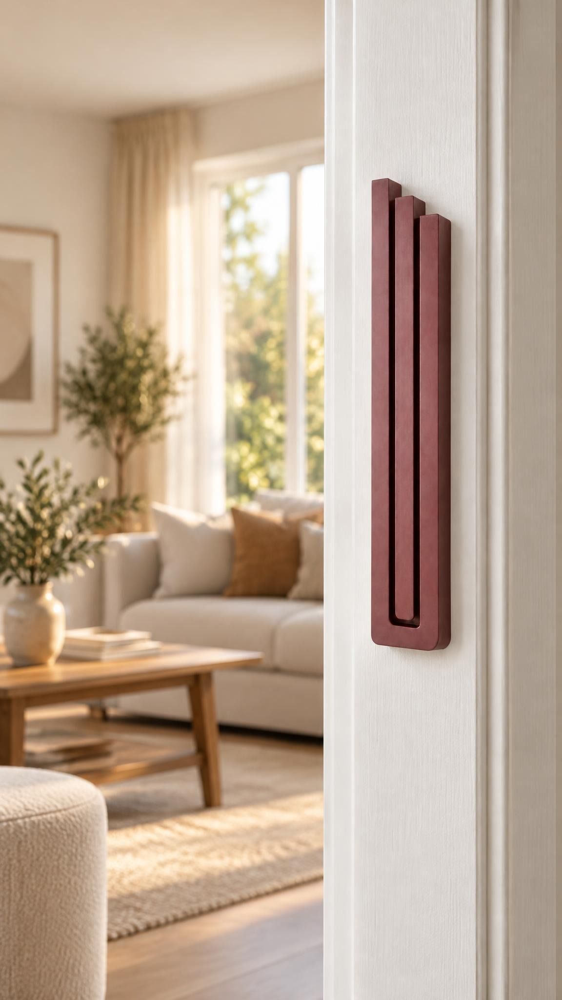 Giant Modern Burgundy Pyramid Mezuzah mounted vertically on a white interior doorpost, where its muted burgundy wine-red aluminum mezuzah cover and three graduated bars create a architectural Judaica accent with clean geometric lines against the pale doorframe
