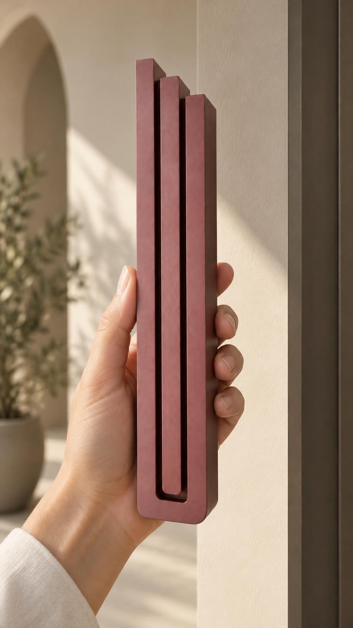 Hand holding the Giant Modern Burgundy Pyramid Mezuzah upright, showing the muted burgundy wine-red aluminum mezuzah cover with three graduated bars, a stepped top and rounded lower edge in a clear product view of its architectural design for a Jewish doorway