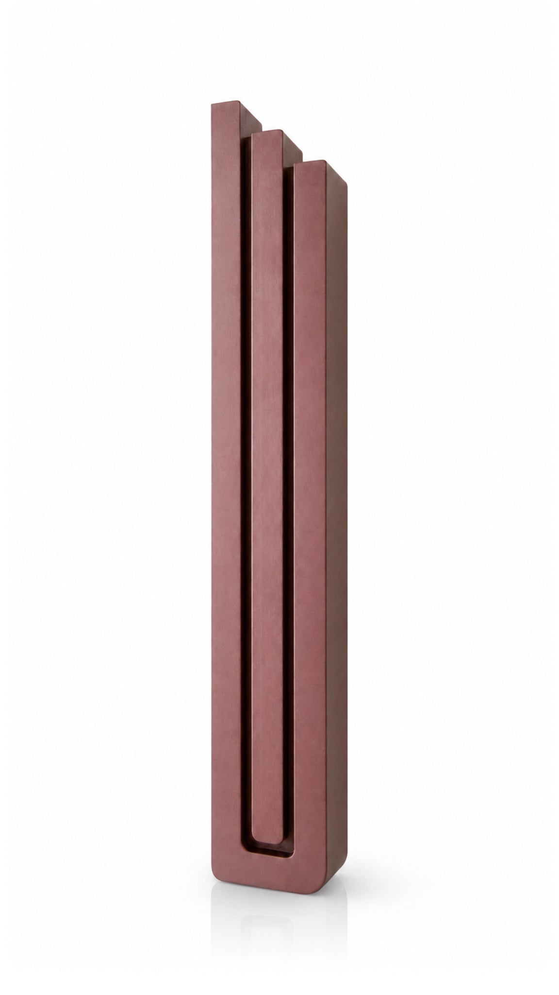 Giant Modern Burgundy Pyramid Mezuzah shown from the front as a muted burgundy wine-red aluminum mezuzah cover, with three graduated vertical bars forming a architectural stepped design and a gently rounded lower edge for modern Jewish doorway decor