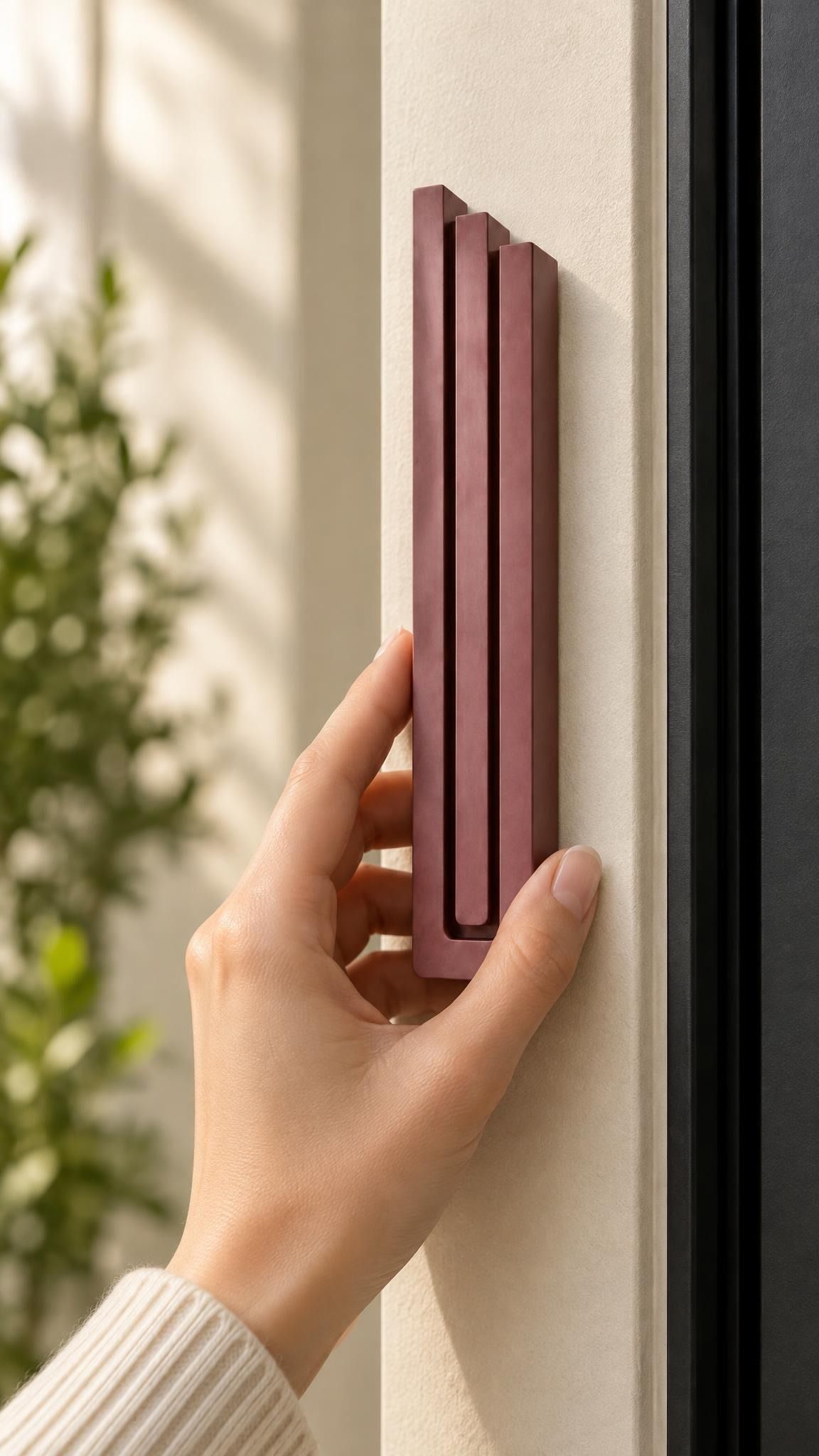 Giant Modern Burgundy Pyramid Mezuzah held against a pale doorpost, showing the muted burgundy wine-red aluminum mezuzah cover and its three ascending bars in close detail as a architectural Jewish doorway design with a clean stepped top and softly rounded base