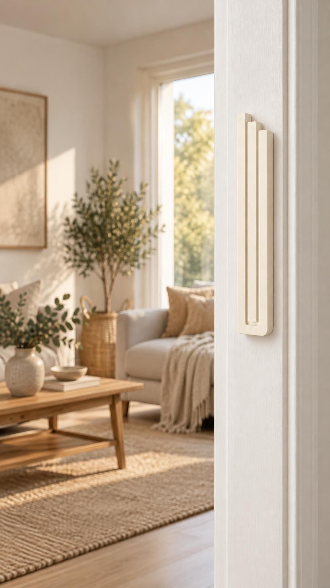 Giant Modern Cream Pyramid Mezuzah mounted vertically on a white interior doorpost, where its warm ivory cream aluminum mezuzah cover and three graduated bars create a contemporary Judaica accent with clean geometric lines against the pale doorframe
