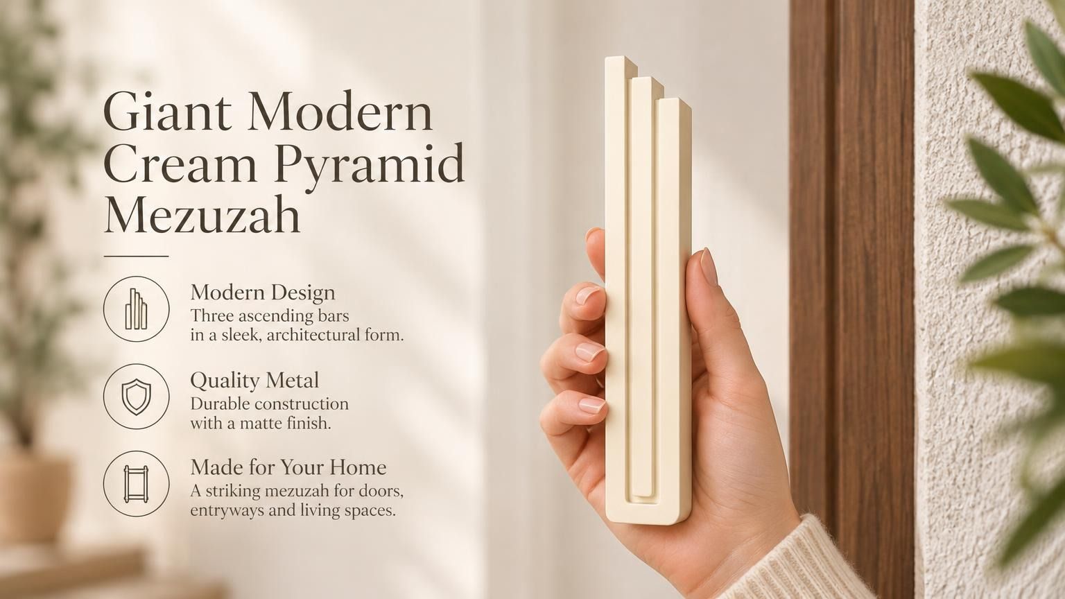Giant Modern Cream Pyramid Mezuzah pictured in hand as a warm ivory cream aluminum mezuzah cover with three graduated bars and a contemporary stepped design, alongside its name and illustrated product features in a wide social-sharing image