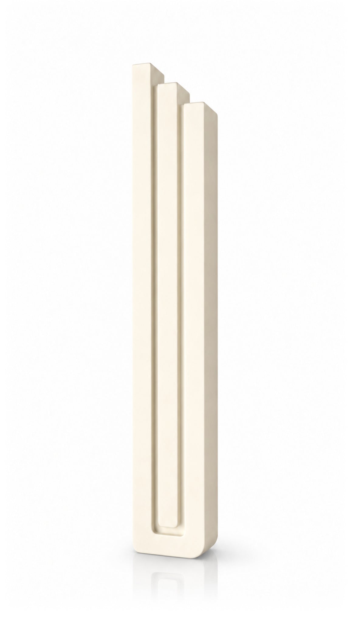 Giant Modern Cream Pyramid Mezuzah shown from the front as a warm ivory cream aluminum mezuzah cover, with three graduated vertical bars forming a contemporary stepped design and a gently rounded lower edge for modern Jewish doorway decor